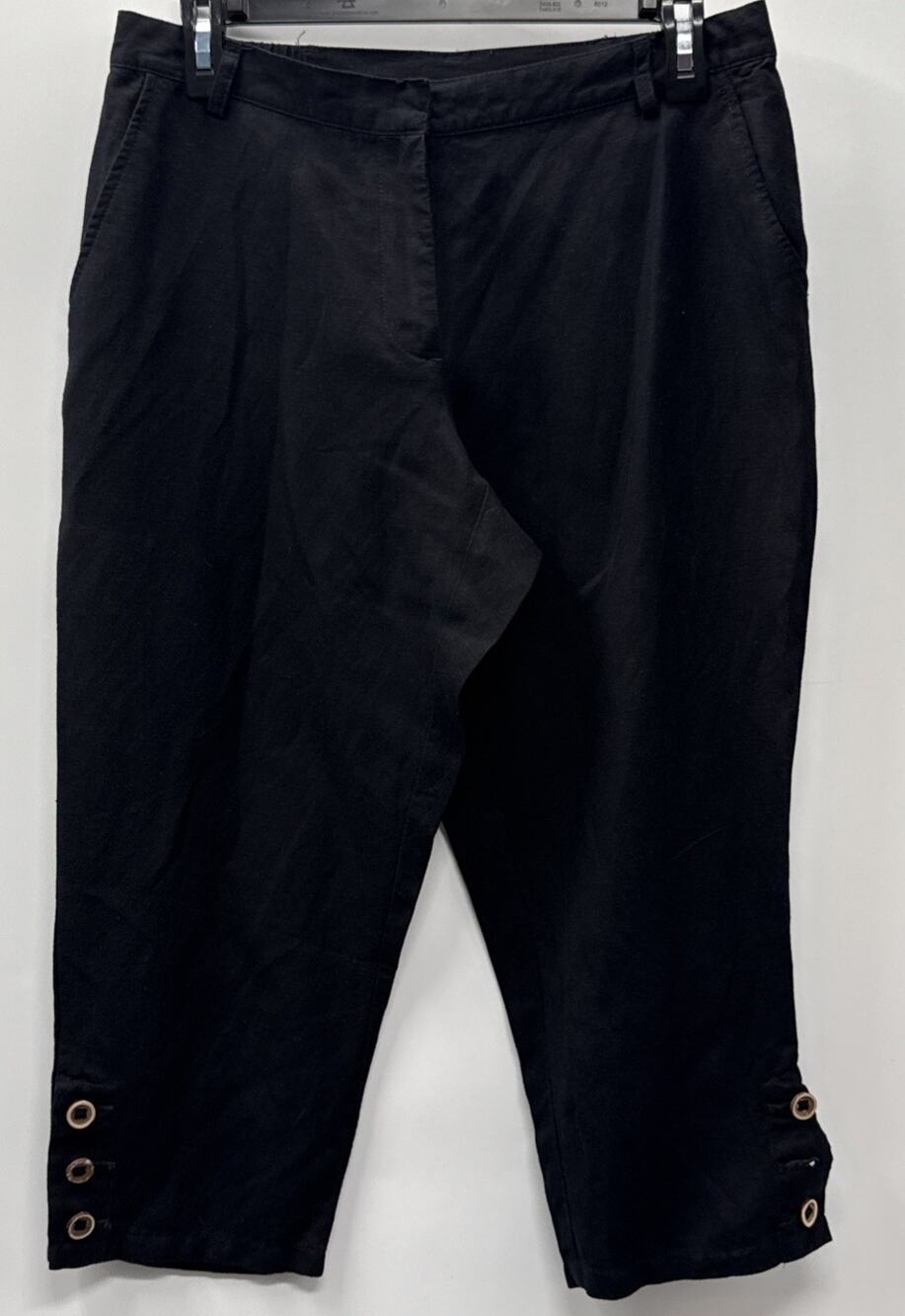 Ruby Rd Petite 10P Black Linen Blend Crop Pants Button Hem Casual Capri